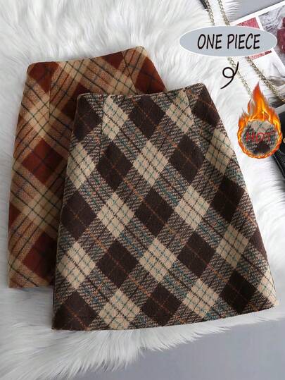 Franclia Women's Brown Plaid Wool Midi Skirt, New Autumn/Winter Style, Fashionable High-Waisted, Slimming A-Line, Bodycon, Retro, Thick Plaid Mini Skirt,Women's Mini Skirt.Winter For Women,Christmas,New Year ,White For New Year's Eve,Party,Beach,Elegant,Casual For Women,Romance, Valentine's Day, Dating,Graduation Season Attire, Fashionable Casual Commuter Wear, Business Office Wear, Versatile And Stylish Everyday Casual Wear, Urban Teacher's Professional Attire