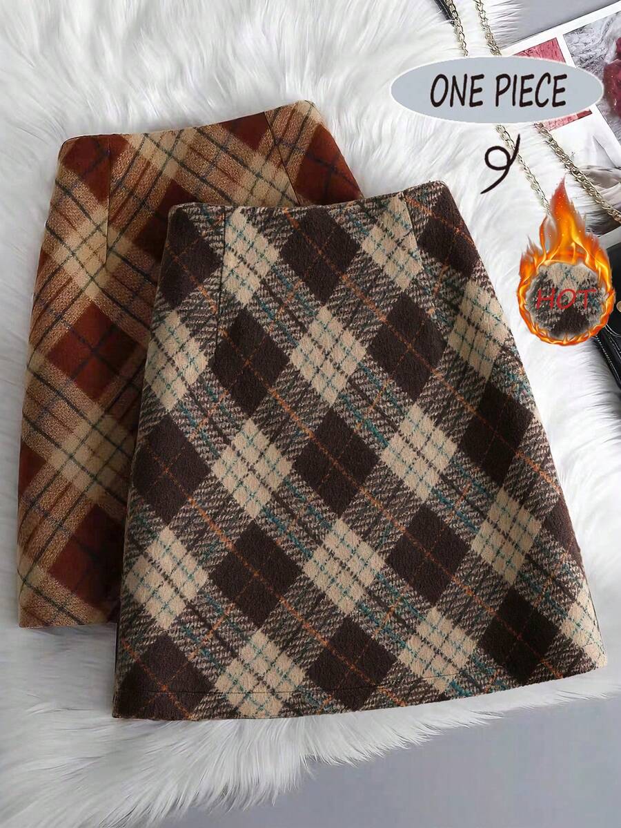 Franclia Women's Brown Plaid Wool Midi Skirt, New Autumn/Winter Style, Fashionable High-Waisted, Slimming A-Line, Bodycon, Retro, Thick Plaid Mini Skirt,Women's Mini Skirt.Winter For Women,Christmas,New Year ,White For New Year's Eve,Party,Beach,Elegant,Casual For Women,Romance, Valentine's Day, Dating,Graduation Season Attire, Fashionable Casual Commuter Wear, Business Office Wear, Versatile And Stylish Everyday Casual Wear, Urban Teacher's Professional Attire