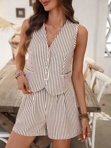 SHEIN LUNE Women's Striped V-Neck Sleeveless Faux Pocket Vest + Suit Pocket Shorts 2-Piece Set, Spring/Summer - Brown - View 5