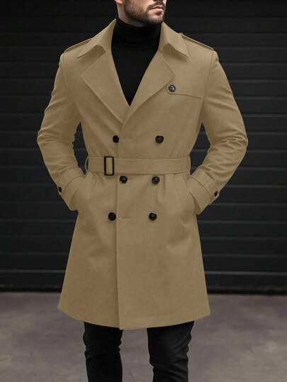 Manfinity Mode Abrigo de trinchera de doble botonadura con solapa ancha y tela antiviento para hombre, estilo casual, regalo para novio o esposo, regalo de aniversario