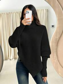 SHEIN PETITE 女士不对称蝙蝠袖下摆纯色高领毛衣，时尚百搭，适合假日和度假穿着，娇小身材也能轻松驾驭的升级版，秋冬季 - 黑色 - 查看 13