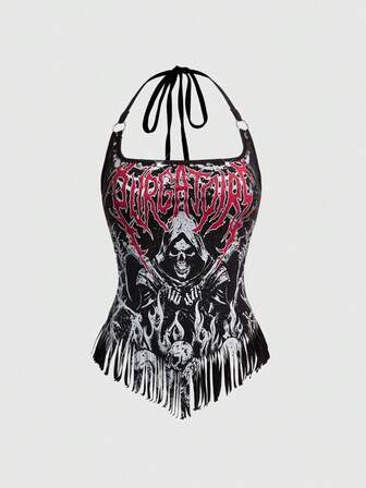 Gothic Horror Skeleton Bone Print Fringe Trim Sleeveless Bodysuit