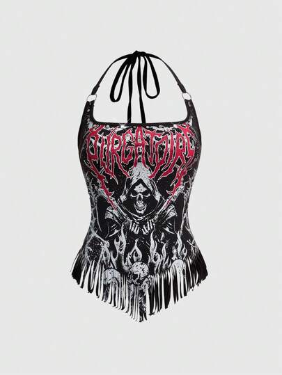 Gothic Horror Skelett Knochen Muster Fransen Saum ärmelloser Bodysuit