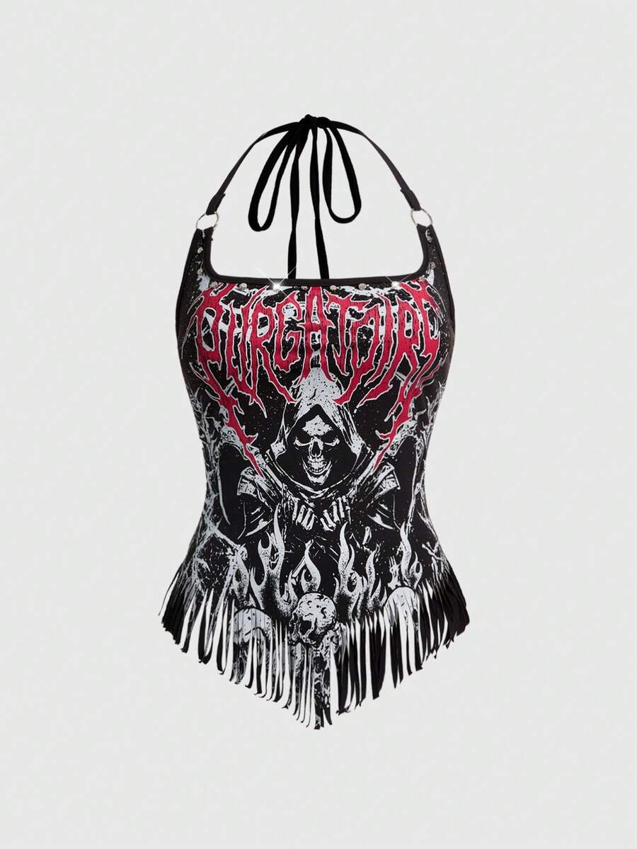 ROMWE Goth 哥特恐怖骷髅骨印花流苏边无袖连体衣 - 黑色 - 查看 1