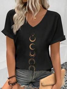INAWLY 女士夏季休闲V领短袖T恤，月亮印花图案，女式上衣 - 黑色 - 查看 5