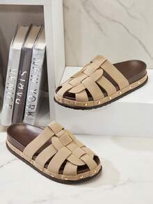 SHUZIA 女士复古罗马风格编织平底套脚木屐 - 米色 - 查看 3