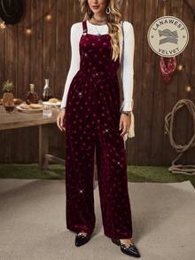 LanaWest Women's Western Casual Autumn/Winter Velvet Heart Embossed Glitter Fabric Party, Christmas, New Year Jumpsuit - Burgundy - View 8