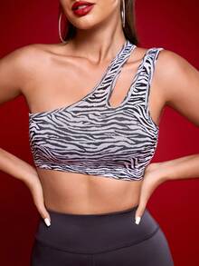 Menodora SHEIN Sport Women's Sleeveless Zebra Print Cutout Shoulder Dance Top - Black and White - View 5