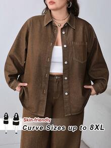 SHEIN CURVE+ 大码休闲日常纽扣贴袋落肩宽松牛仔衬衫，适合冬季、春季、圣诞节、新年、感恩节、通勤、度假、毕业典礼等场合，兼具时尚、Y2K风格、可爱、街头风、派对、婚礼、优雅、商务休闲等多种穿搭风格。棕色牛仔衬衫，百搭休闲通勤，简约百搭。 - 棕色 - 查看 8