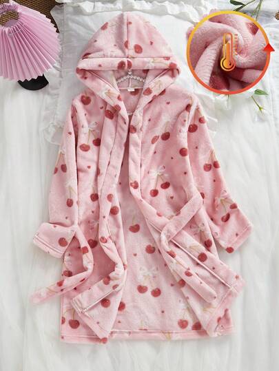 Tween Girls Sweet Cherry Fleece Robe - Pink Sweet Cherry Fleece Robe Loungewear Sweet Cherry Design Pink Warm Color Thickened Sweet Cherry Fleece Robe Loungewear Social Media Style Sweet Cherry 2026 New Year Holiday Essential Autumn Winter Tween Girls Sweet Cherry Fleece Robe Loungewear Strawberry Clothes For Girls Cherry Print Robe Girls Bath Robe For Girls