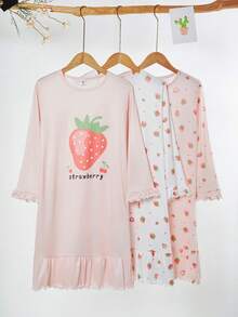 女童时尚可爱草莓印花莲花荷叶边长袖长款睡裙 - 彩色 - 查看 5