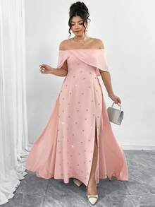 Elenzga 优雅露肩雪纺拼接水钻连衣裙，配披肩袖，适合情人节、郊游、聚会、派对和正式场合。 - 粉色 - 查看 6