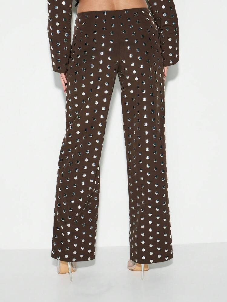 KIZN Studded Low Rise Straight Leg Trousers With Metallic Circle Embellishments For Evening Party Wear Fall Winter Fashion