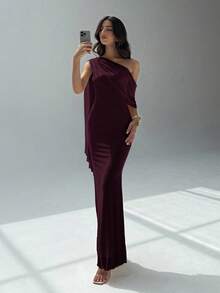Aloruh Women's Elegant Chic Minimalist Solid Color Asymmetrical Neck Fitted Dress, Suitable For Party And Banquet One Shoulder Formal Dress - Maroon - View 5