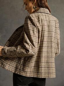 SoleilVie 女士波西米亚格子羊毛外套，冬季女装，女士冬季新年装，新年，新年女士装，优雅连衣裙，优雅女式衬衫，时尚系列，女士感恩节装，复古，波西米亚风，游牧风，高品质，格子，格子羊毛面料，外出休闲，粗花呢外套创意，女士西装外套，女士西装外套，女士短款西装外套 - 黑色 - 查看 4
