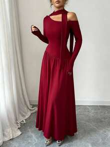Elenzga Women's Soft Knit Burgundy Red Autumn Elegant Maxi Dress,Asymmetric Neck Tie Collar Long Sleeve Ruched Waist A-Line Dress For Dining,Dinner,Christmas - Burgundy - View 5