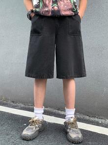 SHEIN 青少年男孩时尚休闲 Y2K 复古酷炫街头基础款简约舒适弹力腰黑色牛仔宽松短裤，适合日常穿着、春夏锐舞节和街头服饰。 - 黑色 - 查看 3