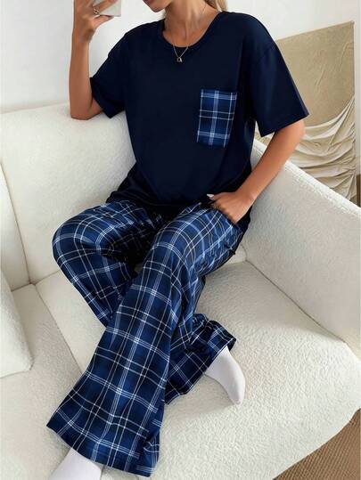 Dream Adore Women's Casual Loose Pocket Decorated Plaid Print Short Sleeve Pajama Set