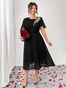 Elenzga Plus-Size Women's Spring/Summer Solid Color Chiffon Cape/Shawl With Gold Lace Collar, Elegant A-Line Loose Dress, Perfect For Weddings, Romantic Dresses, And Formal Women's Dresses.Valentine's Day  Valentine Outfits For Women    Valentine Clothes   Plus Size Valentines  Valentines Day Dress Valentine Day Dress Black Wedding Guest Dress Black Elegant Dress Plus Size Black Elegant Dress Elegant Midi Dress