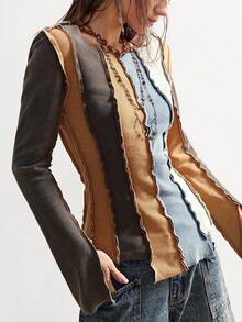 Bohemela 休闲针织弹力撞色圆领长袖女式T恤，纯色针织，百搭领口设计，修身水洗长袖女式T恤，秋季女装 - 彩色 - 查看 1