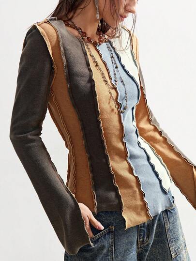 Bohemela Maglietta casual da donna a maniche lunghe, girocollo, in maglia elasticizzata a blocchi di colore. Maglietta in maglia casual a tinta unita, design versatile del collo, maniche lunghe aderente, lavata, autunno, abbigliamento autunnale da donna