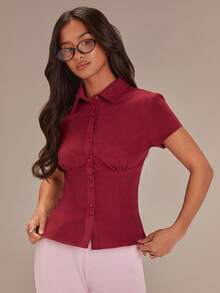 Athîral Women's Elegant Burgundy Suedette Short-Sleeved T-Shirt,Summer Office Button-Down Slim Fit Red Top,Single-Breasted Pleated Waist-Cinching Soft Fabric - Red - View 1