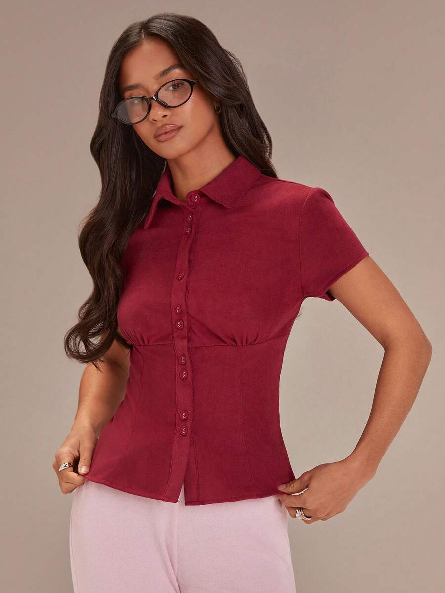 Athîral Women's Elegant Burgundy Suedette Short-Sleeved T-Shirt,Summer Office Button-Down Slim Fit Red Top,Single-Breasted Pleated Waist-Cinching Soft Fabric - Red - View 1