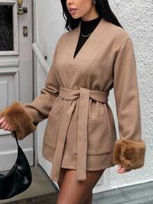 EURMUSE Abrigo de lana y mezcla con cinturón en color visón, con puños de piel sintética, bolsillos grandes, cuello de chal y estilo de ropa de abrigo de invierno para mujer - Café integral - Ver 3