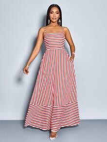 SOLERSUN 女士飘逸条纹长款连衣裙，配有肩带、口袋和胸前褶皱设计，适合度假、海滩、通勤和日常休闲穿着（随机花卉图案） - 紅白色 - 查看 3