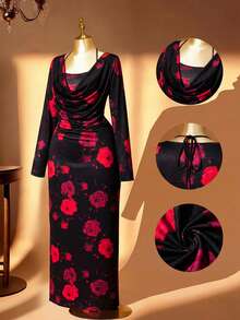 DreamSkyne Plus Size Women's Black And Red Floral Print Maxi Dress,Elegant Long Sleeve Cowl Neck Mermaid Gown,Milk Silk Rose Dress For Autumn Party,Gatherings - Black - View 5