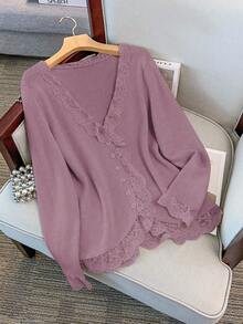 GlowEve CURVE Cárdigan de punto de manga larga elegante con volantes de encaje y contraste para mujer de talla grande - Lila Púrpura - Ver 3