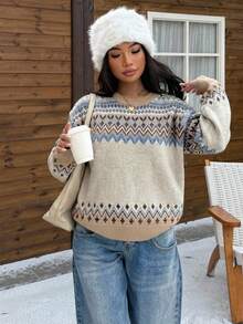 Muchica كنزة صوفية نسائية بطراز جيومتري عتيق عادي، مناسبة للخريف/الشتاء، عتيق، أكاديمي، متعدد الاستخدامات، جذاب، جميل، Y2K، فتاة جوز الهند، بوهيمي، هيبي، مهرجان الموسيقى - متعدد الألوان - مشاهدة 4