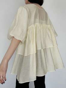 FRIFUL 女士圆领交叉系带下摆层叠荷叶边花瓣袖衬衫 - 米色 - 查看 1