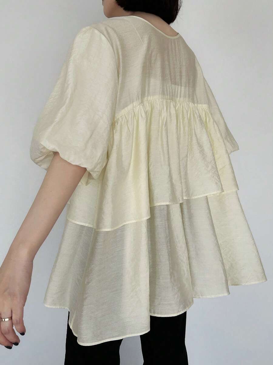 FRIFUL 女士圆领交叉系带下摆层叠荷叶边花瓣袖衬衫 - 米色 - 查看 1