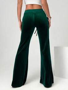 SHEIN EZwear 女士抽绳腰针织喇叭宽松裤，橄榄绿 - 墨綠色 - 查看 2