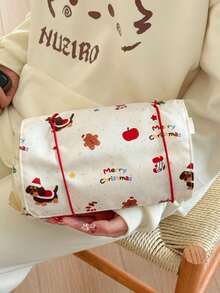 Joivida 1pc Cute Fabric Cosmetic Bag -Bib Bear Bundle Makeup Bag - Perfect For Travel & Daily Use, Hand Washable, Layered Makeup & Toiletry Organizer, Cute Cosmetic Bag, Holiday Gift Item, Playful Design - Beige - View 7