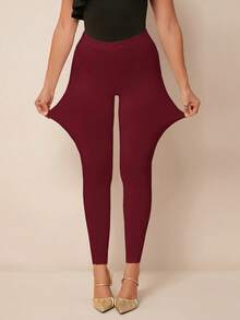SHEIN PETITE CURVE 女士纯色弹力腰休闲打底裤 - 酒紅色 - 查看 4