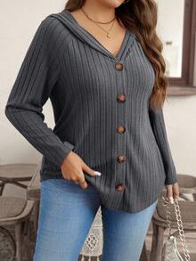 SHEIN LUNE 大码女式纯色罗纹连帽开衫 - 深灰色 - 查看 4