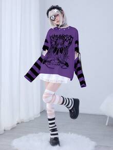 ROMWE Anime Cute Striped Patchwork Women's Cartoon Character Letter Print Casual T-Shirt - Purple - View 2