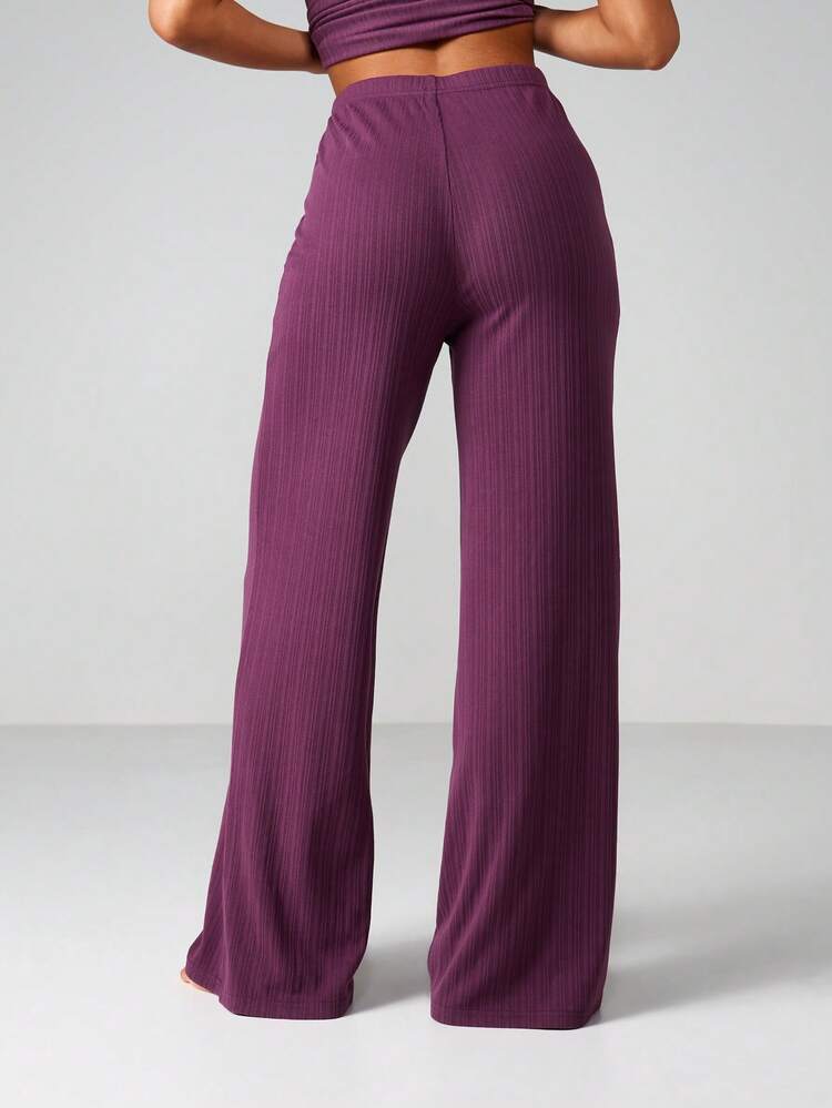 MISSGUIDED Gerippte Strick Weite Bein Pyjama Loungehose mit hoher Taille, elastischem Bund, bequeme, locker sitzende Schlafanzughose