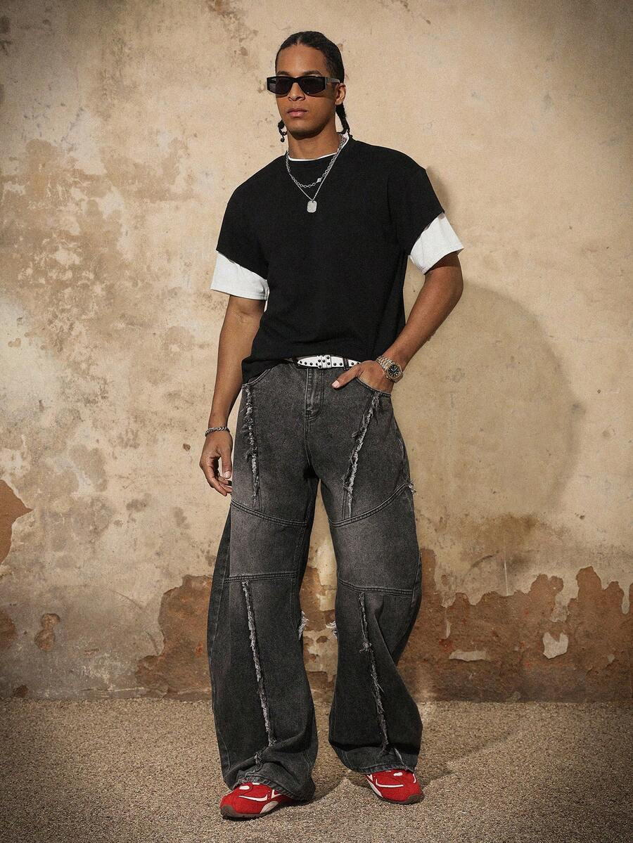 PAVTROS Áo thun nam tay ngắn phối màu, kiểu dáng rộng rãi, thoải mái, phong cách bạn trai, mùa hè, kỳ nghỉ, Y2K, retro, bạn bè, áo thun cổ tròn tay ngắn phối màu đen trắng 2 trong 1. - Đen và trắng - Xem 1