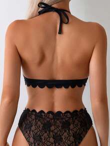 Swim Lushoire Women's Sexy Lace Trim Halter Neck Swimsuit Top, Elegant Beach Wear - Multicolor - View 3