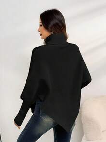 SHEIN PETITE 女士不对称蝙蝠袖下摆纯色高领毛衣，时尚百搭，适合假日和度假穿着，娇小身材也能轻松驾驭的升级版，秋冬季 - 黑色 - 查看 2