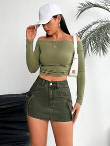 SHEIN PETITE 女士夏季时尚翻盖口袋修身牛仔迷你裙 - 軍綠色 - 查看 4