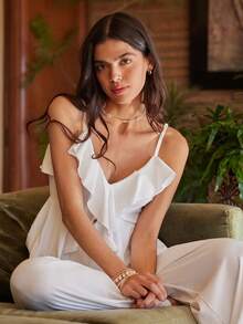 Lullawish 波西米亚风休闲优雅荷叶边腰部睡衣套装，法式宽松风格，适合户外穿着，女士睡衣套装 - 白色 - 查看 6