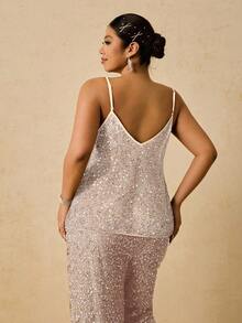Freevana Plus Size Women Contrast Lace Sequin Camisole - Apricot - View 2