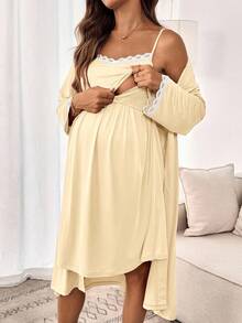 SHEIN Bộ 2 món áo choàng và áo hai dây ren dành cho bà bầu - Màu be - Xem 4