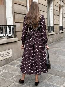 Pariaura French Style Polka Dot Long Sleeve Tie Collar Dress - Coffee - View 2