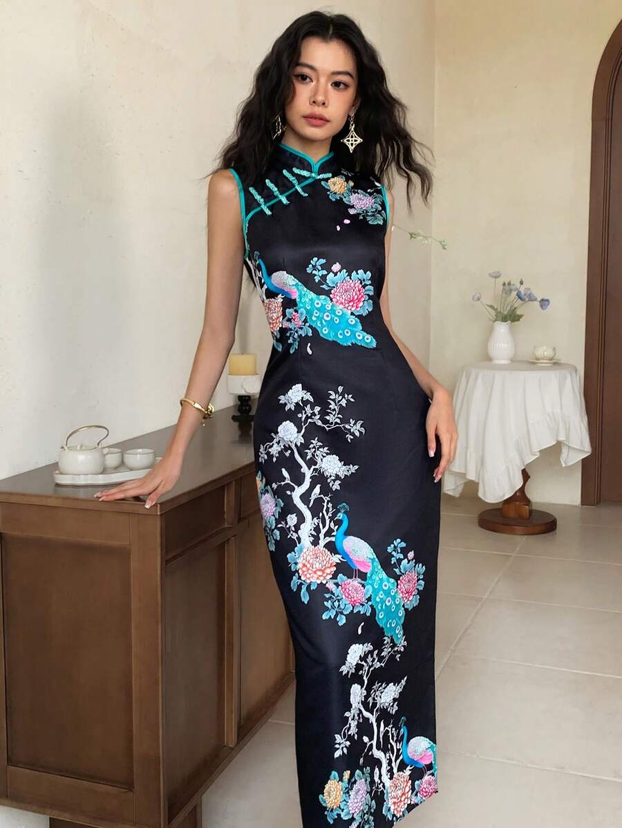 EastFlair Women's Elegant Peacock & Floral Print Contrast Binding Mandarin Collar Fitted Long Cheongsam Dress, Summer Chinese Style Dress