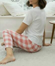 Conjunto de pijama con top de manga corta con estampado a cuadros y pantalón largo de dormir a cuadros con bolsillos para mujer - Rosa - Ver 4